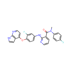 CN(C(=O)c1cccnc1Nc1ccc(Oc2ccnc3[nH]ccc23)c(F)c1)c1ccc(F)cc1 ZINC000049792575