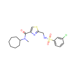 CN(C(=O)c1csc(CNS(=O)(=O)c2cccc(Cl)c2)n1)C1CCCCCC1 ZINC000169353899