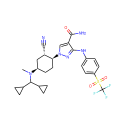 CN(C(C1CC1)C1CC1)[C@@H]1CC[C@H](n2cc(C(N)=O)c(Nc3ccc(S(=O)(=O)C(F)(F)F)cc3)n2)[C@@H](C#N)C1 ZINC000222977226