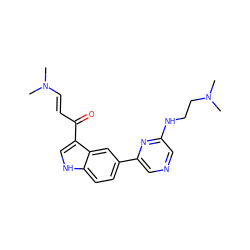 CN(C)/C=C/C(=O)c1c[nH]c2ccc(-c3cncc(NCCN(C)C)n3)cc12 ZINC000169348295