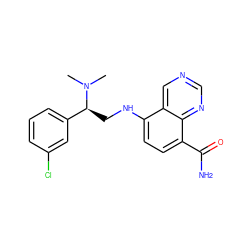 CN(C)[C@@H](CNc1ccc(C(N)=O)c2ncncc12)c1cccc(Cl)c1 ZINC000143847042