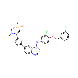 CN(C)[C@@H](CS(C)(=O)=O)c1ccc(-c2ccc3ncnc(Nc4ccc(OCc5cccc(F)c5)c(Cl)c4)c3c2)o1 ZINC000115937838