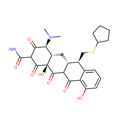 CN(C)[C@@H]1C(=O)C(C(N)=O)C(=O)[C@@]2(O)C(=O)C3C(=O)c4c(O)cccc4[C@H](CSC4CCCC4)[C@H]3C[C@@H]12 ZINC000100753973