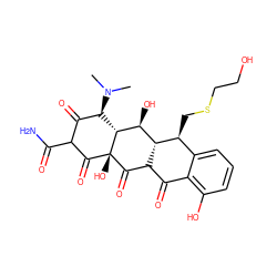 CN(C)[C@@H]1C(=O)C(C(N)=O)C(=O)[C@@]2(O)C(=O)C3C(=O)c4c(O)cccc4[C@H](CSCCO)[C@H]3[C@H](O)[C@@H]12 ZINC000100754362