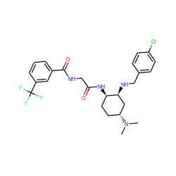 CN(C)[C@@H]1CC[C@@H](NC(=O)CNC(=O)c2cccc(C(F)(F)F)c2)[C@@H](NCc2ccc(Cl)cc2)C1 ZINC000013973059