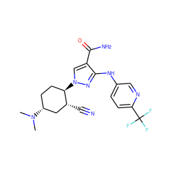 CN(C)[C@@H]1CC[C@@H](n2cc(C(N)=O)c(Nc3ccc(C(F)(F)F)nc3)n2)[C@H](C#N)C1 ZINC000221201955