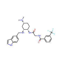 CN(C)[C@@H]1CC[C@H](NC(=O)CNC(=O)c2cccc(C(F)(F)F)c2)[C@H](NCc2ccc3[nH]ccc3c2)C1 ZINC000040918999