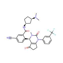 CN(C)[C@@H]1CC[C@H](NC(=O)c2cc(C#N)ccc2[C@@H]2C3=C(CCC3=O)N(c3cccc(C(F)(F)F)c3)C(=O)N2C)C1 ZINC001772588248