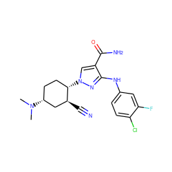 CN(C)[C@@H]1CC[C@H](n2cc(C(N)=O)c(Nc3ccc(Cl)c(F)c3)n2)[C@@H](C#N)C1 ZINC000221855615