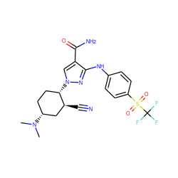 CN(C)[C@@H]1CC[C@H](n2cc(C(N)=O)c(Nc3ccc(S(=O)(=O)C(F)(F)F)cc3)n2)[C@@H](C#N)C1 ZINC000221884355