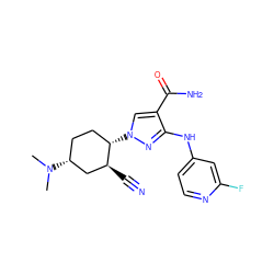 CN(C)[C@@H]1CC[C@H](n2cc(C(N)=O)c(Nc3ccnc(F)c3)n2)[C@@H](C#N)C1 ZINC000222975095