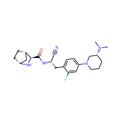 CN(C)[C@@H]1CCCN(c2ccc(C[C@@H](C#N)NC(=O)[C@H]3N[C@@H]4CC[C@H]3C4)c(F)c2)C1 ZINC000226096226