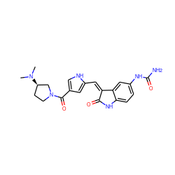 CN(C)[C@@H]1CCN(C(=O)c2c[nH]c(/C=C3\C(=O)Nc4ccc(NC(N)=O)cc43)c2)C1 ZINC000028708314