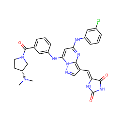 CN(C)[C@@H]1CCN(C(=O)c2cccc(Nc3cc(Nc4cccc(Cl)c4)nc4c(/C=C5\NC(=O)NC5=O)cnn34)c2)C1 ZINC000167216508