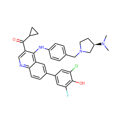 CN(C)[C@@H]1CCN(Cc2ccc(Nc3c(C(=O)C4CC4)cnc4ccc(-c5cc(F)c(O)c(Cl)c5)cc34)cc2)C1 ZINC000203981767