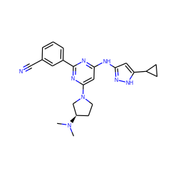 CN(C)[C@@H]1CCN(c2cc(Nc3cc(C4CC4)[nH]n3)nc(-c3cccc(C#N)c3)n2)C1 ZINC000084596489