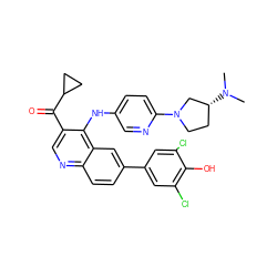 CN(C)[C@@H]1CCN(c2ccc(Nc3c(C(=O)C4CC4)cnc4ccc(-c5cc(Cl)c(O)c(Cl)c5)cc34)cn2)C1 ZINC000217916513