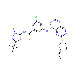 CN(C)[C@@H]1CCN(c2ncc3ncnc(Nc4cc(Cl)cc(C(=O)Nc5cc(C(C)(C)C)nn5C)c4)c3n2)C1 ZINC000148268498