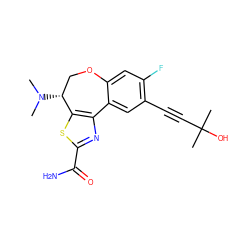 CN(C)[C@@H]1COc2cc(F)c(C#CC(C)(C)O)cc2-c2nc(C(N)=O)sc21 ZINC000219507186