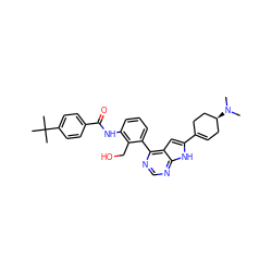 CN(C)[C@H]1CC=C(c2cc3c(-c4cccc(NC(=O)c5ccc(C(C)(C)C)cc5)c4CO)ncnc3[nH]2)CC1 ZINC000142891352