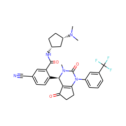 CN(C)[C@H]1CC[C@@H](NC(=O)c2cc(C#N)ccc2[C@@H]2C3=C(CCC3=O)N(c3cccc(C(F)(F)F)c3)C(=O)N2C)C1 ZINC001772630973