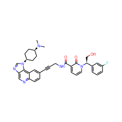 CN(C)[C@H]1CC[C@@H](n2cnc3cnc4ccc(C#CCNC(=O)c5cccn([C@@H](CO)c6cccc(F)c6)c5=O)cc4c32)CC1 ZINC000169710269