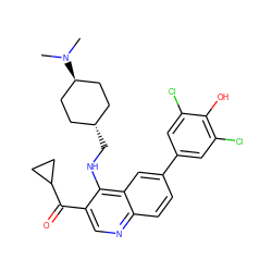 CN(C)[C@H]1CC[C@H](CNc2c(C(=O)C3CC3)cnc3ccc(-c4cc(Cl)c(O)c(Cl)c4)cc23)CC1 ZINC000473201100