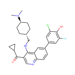 CN(C)[C@H]1CC[C@H](CNc2c(C(=O)C3CC3)cnc3ccc(-c4cc(F)c(O)c(Cl)c4)cc23)CC1 ZINC000473200845