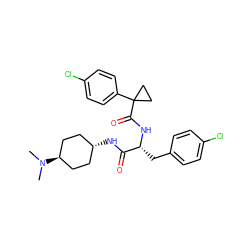 CN(C)[C@H]1CC[C@H](NC(=O)[C@@H](Cc2ccc(Cl)cc2)NC(=O)C2(c3ccc(Cl)cc3)CC2)CC1 ZINC000261183522