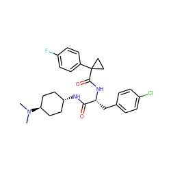 CN(C)[C@H]1CC[C@H](NC(=O)[C@@H](Cc2ccc(Cl)cc2)NC(=O)C2(c3ccc(F)cc3)CC2)CC1 ZINC000261073915