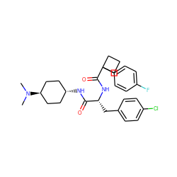 CN(C)[C@H]1CC[C@H](NC(=O)[C@@H](Cc2ccc(Cl)cc2)NC(=O)C2(c3ccc(F)cc3)CCC2)CC1 ZINC000261083711