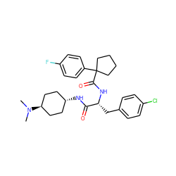 CN(C)[C@H]1CC[C@H](NC(=O)[C@@H](Cc2ccc(Cl)cc2)NC(=O)C2(c3ccc(F)cc3)CCCC2)CC1 ZINC000261169817