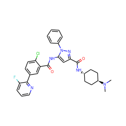 CN(C)[C@H]1CC[C@H](NC(=O)c2cc(NC(=O)c3cc(-c4ncccc4F)ccc3Cl)n(-c3ccccc3)n2)CC1 ZINC001772626289