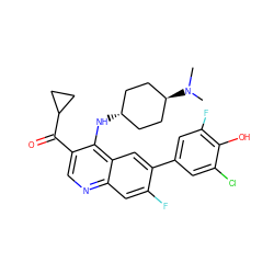 CN(C)[C@H]1CC[C@H](Nc2c(C(=O)C3CC3)cnc3cc(F)c(-c4cc(F)c(O)c(Cl)c4)cc23)CC1 ZINC000473200943