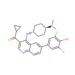 CN(C)[C@H]1CC[C@H](Nc2c(C(=O)C3CC3)cnc3ccc(-c4cc(Cl)c(O)c(Cl)c4)cc23)CC1 ZINC000473201103