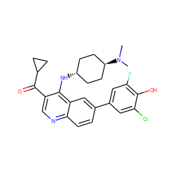 CN(C)[C@H]1CC[C@H](Nc2c(C(=O)C3CC3)cnc3ccc(-c4cc(F)c(O)c(Cl)c4)cc23)CC1 ZINC000473201038