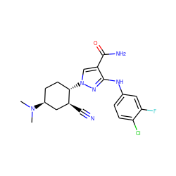 CN(C)[C@H]1CC[C@H](n2cc(C(N)=O)c(Nc3ccc(Cl)c(F)c3)n2)[C@@H](C#N)C1 ZINC000221855419