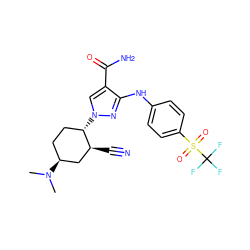 CN(C)[C@H]1CC[C@H](n2cc(C(N)=O)c(Nc3ccc(S(=O)(=O)C(F)(F)F)cc3)n2)[C@@H](C#N)C1 ZINC000221884188