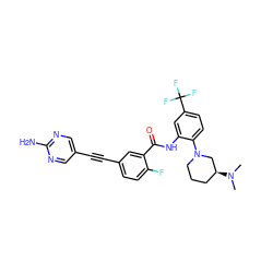 CN(C)[C@H]1CCCN(c2ccc(C(F)(F)F)cc2NC(=O)c2cc(C#Cc3cnc(N)nc3)ccc2F)C1 ZINC000014957158