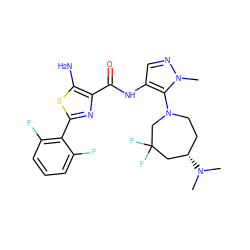 CN(C)[C@H]1CCN(c2c(NC(=O)c3nc(-c4c(F)cccc4F)sc3N)cnn2C)CC(F)(F)C1 ZINC000169699349