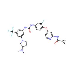 CN(C)[C@H]1CCN(c2cc(NC(=O)Nc3ccc(Oc4ccnc(NC(=O)C5CC5)c4)c(F)c3)cc(C(F)(F)F)c2)C1 ZINC001772575116