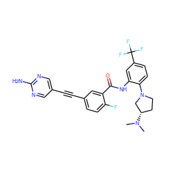 CN(C)[C@H]1CCN(c2ccc(C(F)(F)F)cc2NC(=O)c2cc(C#Cc3cnc(N)nc3)ccc2F)C1 ZINC000014957173