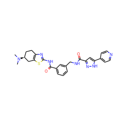 CN(C)[C@H]1CCc2nc(NC(=O)c3cccc(CNC(=O)c4cc(-c5ccncc5)[nH]n4)c3)sc2C1 ZINC000167975252