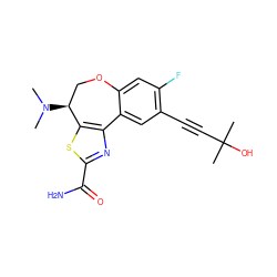 CN(C)[C@H]1COc2cc(F)c(C#CC(C)(C)O)cc2-c2nc(C(N)=O)sc21 ZINC000219563391