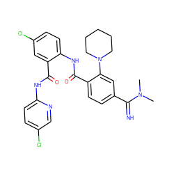 CN(C)C(=N)c1ccc(C(=O)Nc2ccc(Cl)cc2C(=O)Nc2ccc(Cl)cn2)c(N2CCCCC2)c1 ZINC000036126771