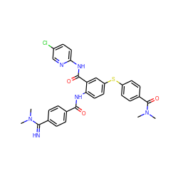 CN(C)C(=N)c1ccc(C(=O)Nc2ccc(Sc3ccc(C(=O)N(C)C)cc3)cc2C(=O)Nc2ccc(Cl)cn2)cc1 ZINC000036126773