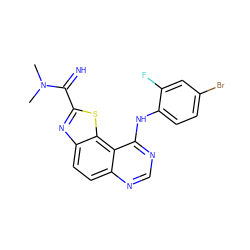 CN(C)C(=N)c1nc2ccc3ncnc(Nc4ccc(Br)cc4F)c3c2s1 ZINC000217725600