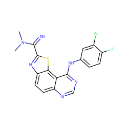 CN(C)C(=N)c1nc2ccc3ncnc(Nc4ccc(F)c(Cl)c4)c3c2s1 ZINC000207586399