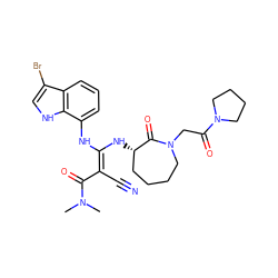 CN(C)C(=O)/C(C#N)=C(\Nc1cccc2c(Br)c[nH]c12)N[C@H]1CCCCN(CC(=O)N2CCCC2)C1=O ZINC000042876011