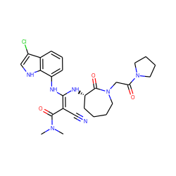 CN(C)C(=O)/C(C#N)=C(\Nc1cccc2c(Cl)c[nH]c12)N[C@H]1CCCCN(CC(=O)N2CCCC2)C1=O ZINC000040379776